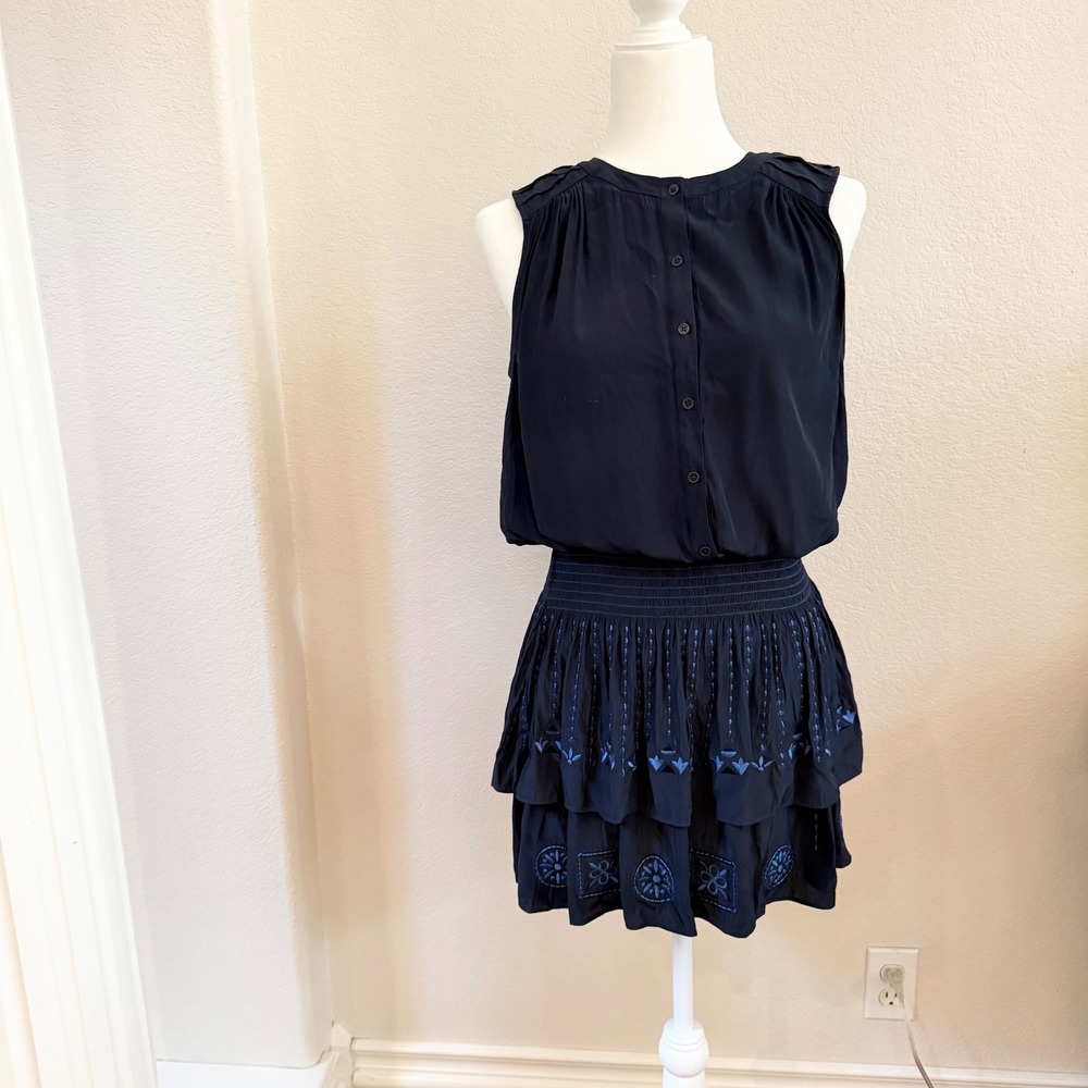 Ramy Brook Navy Blue Embroidered Smocked Tiered Mini Dress Medium Sleeveless